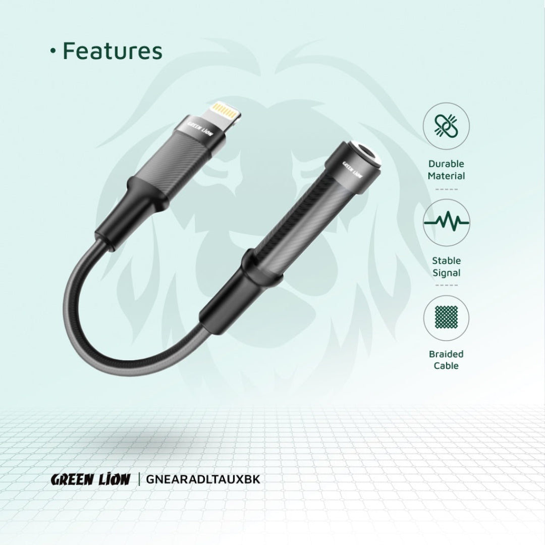 Green Lion Earphone Adapter Lightning to 3.5 Aux 12CM - Black